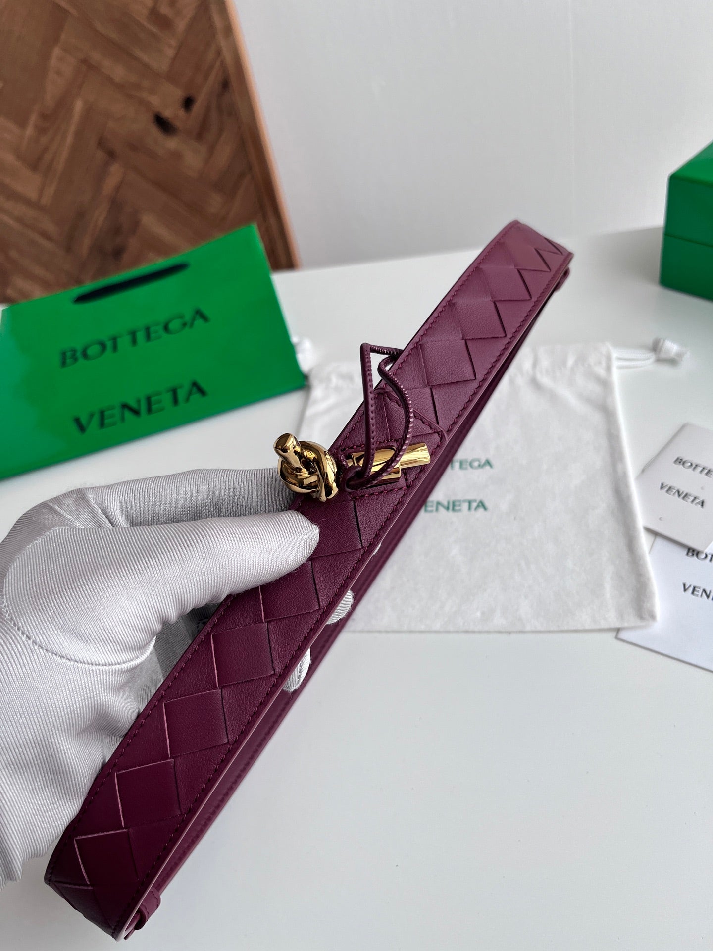 BV 26S Intreccio Andiamo Knot Buckle Belt 3cm Burgundy Calfskin 204859