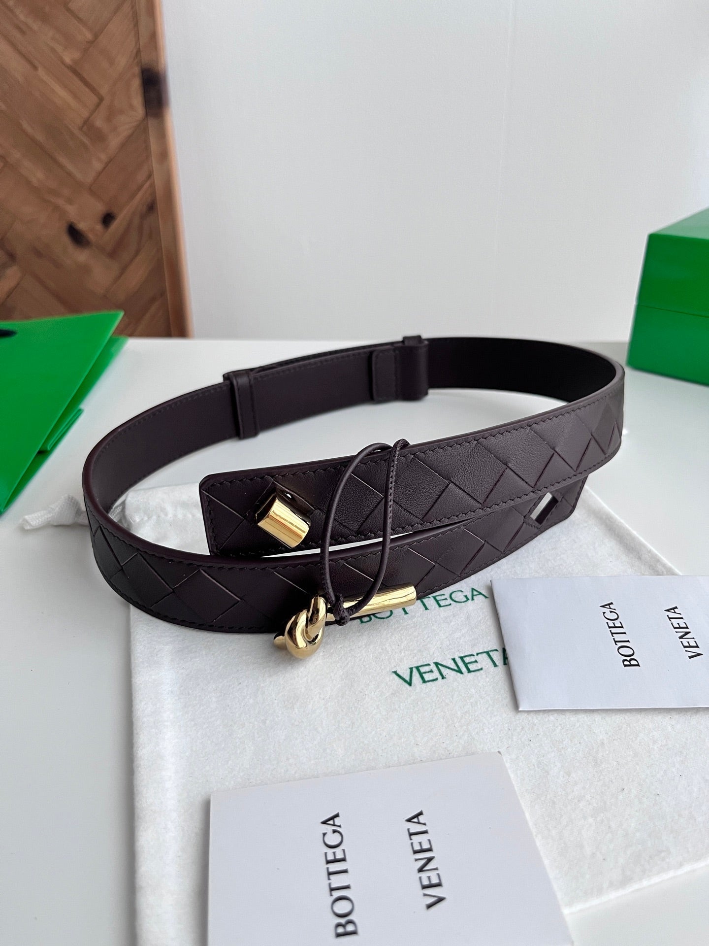 BV 26S Intreccio Andiamo Knot Buckle Belt 3cm Chocolate Calfskin 204860