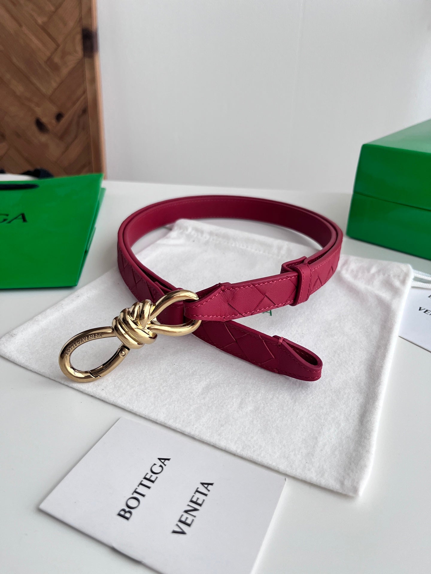 BV 26S Andiamo Knot Buckle Intreccio Belt 2cm Red Lambskin 204752