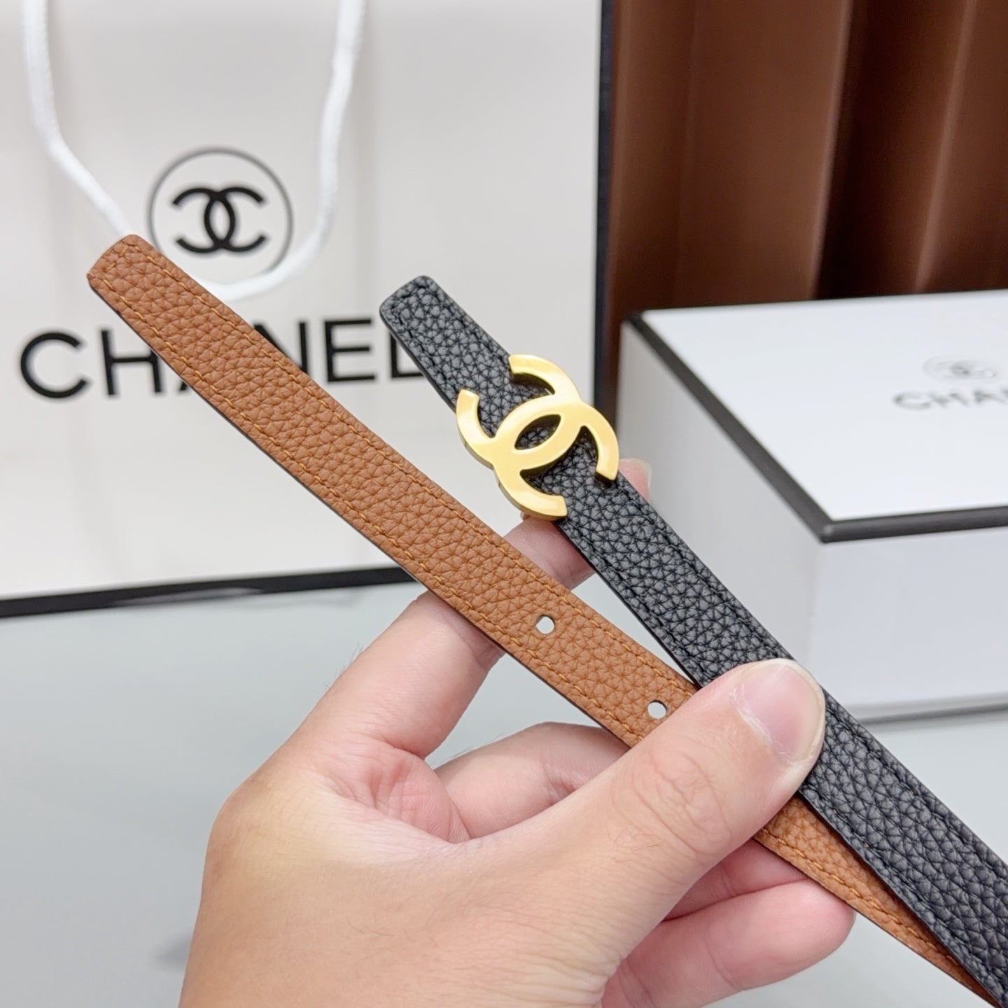 CC Logo Belt 1.5CM Textured Calfskin 212510