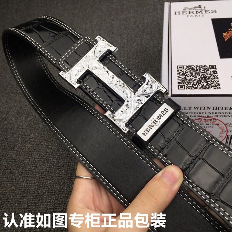 HM Belt 38mm Black Crocodile Leather Sliver Buckle 619362
