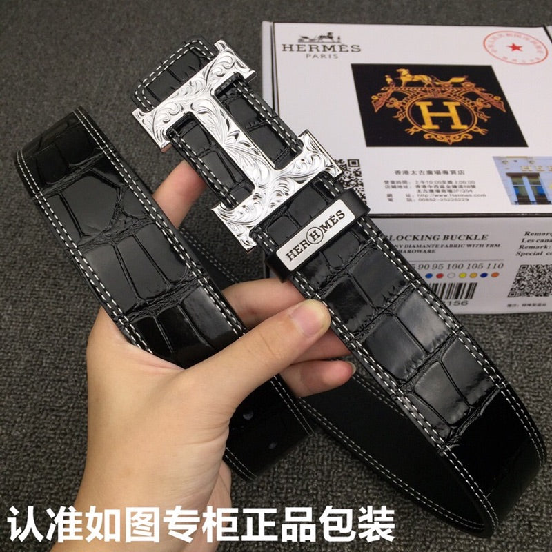 HM Belt 38mm Black Crocodile Leather Sliver Buckle 619362