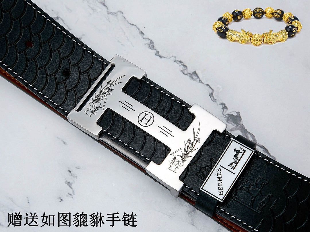 HM Constance Belt 38mm Black Brown Cowhide Sliver Buckle 619894