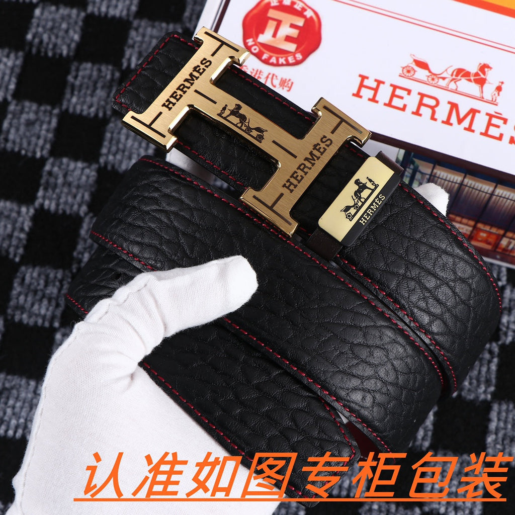 HM Belt 38mm Black Cowhide Leather Gold Buckle 619053