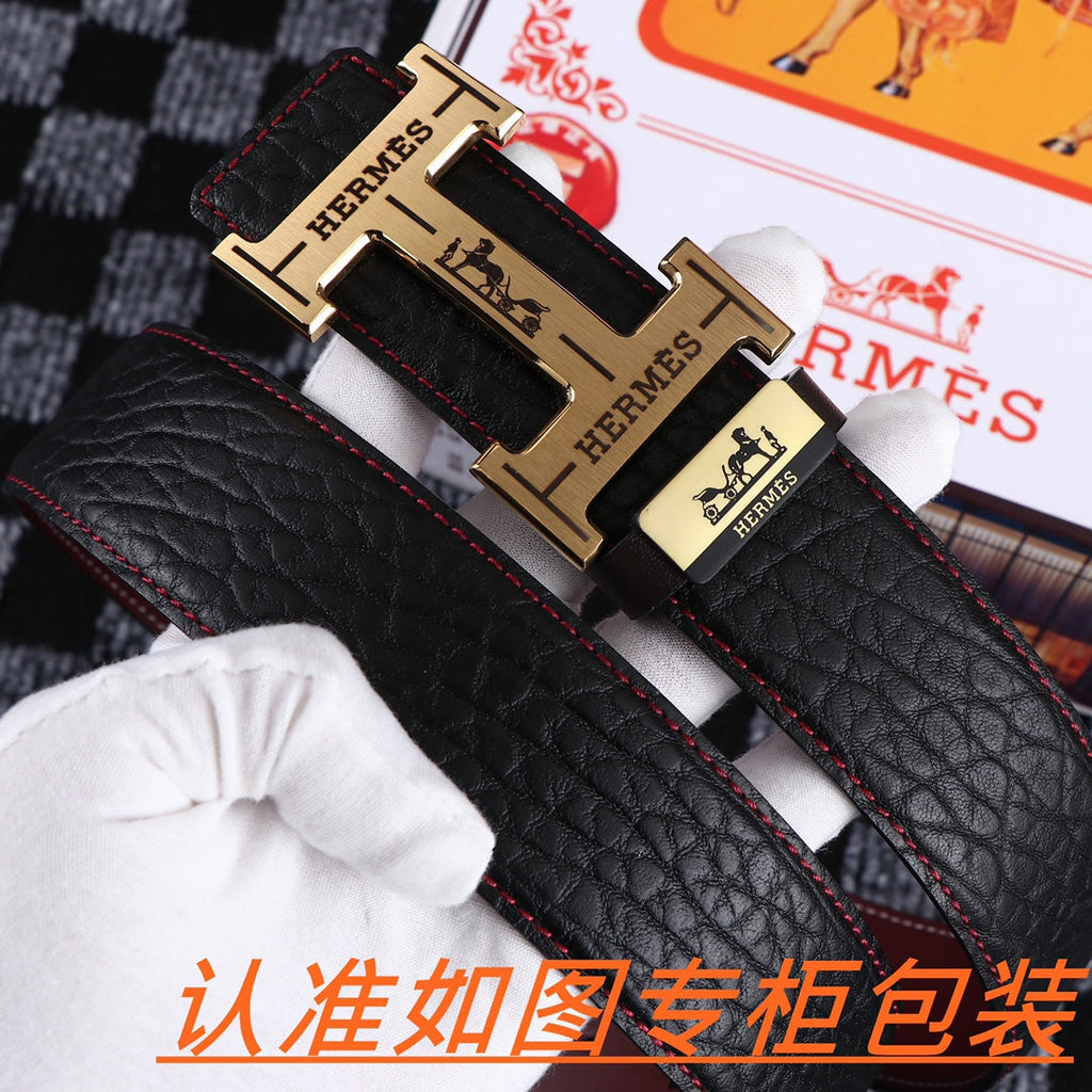 HM Belt 38mm Black Cowhide Leather Gold Buckle 619053