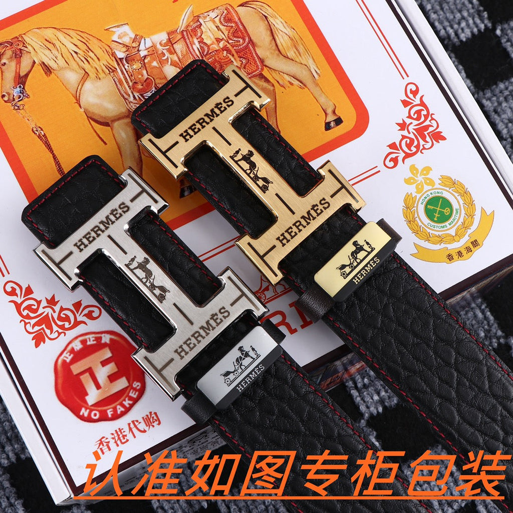 HM Belt 38mm Black Cowhide Leather Gold Buckle 619053