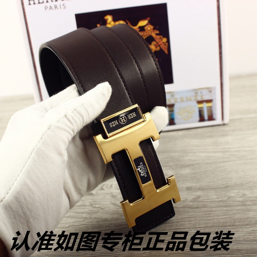 HM Double-sided Belt 38mm Black Cowhide Gold Buckle 620361