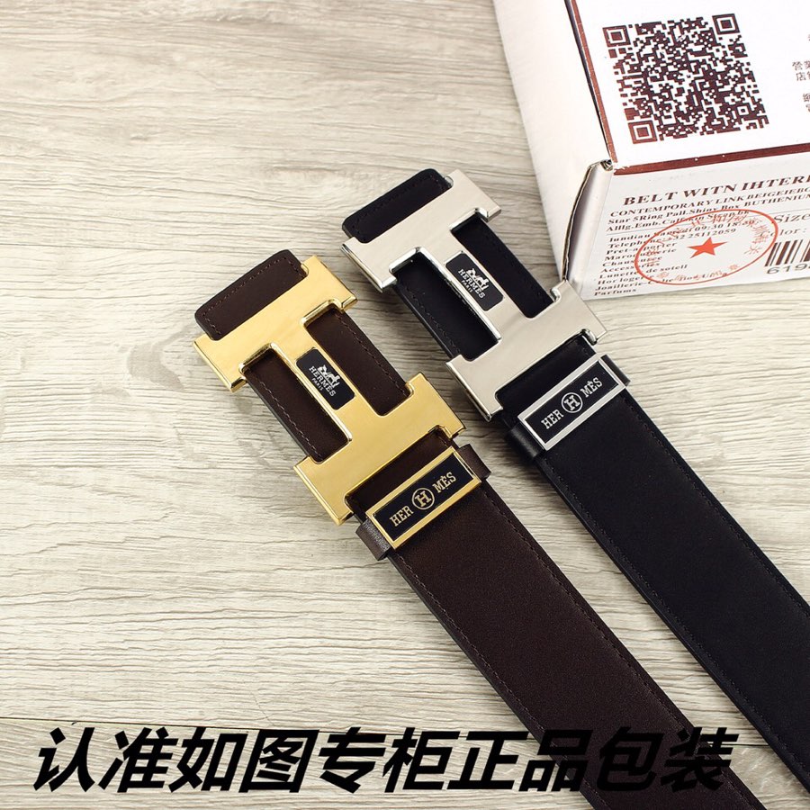 HM Double-sided Belt 38mm Black Cowhide Sliver Buckle 620362