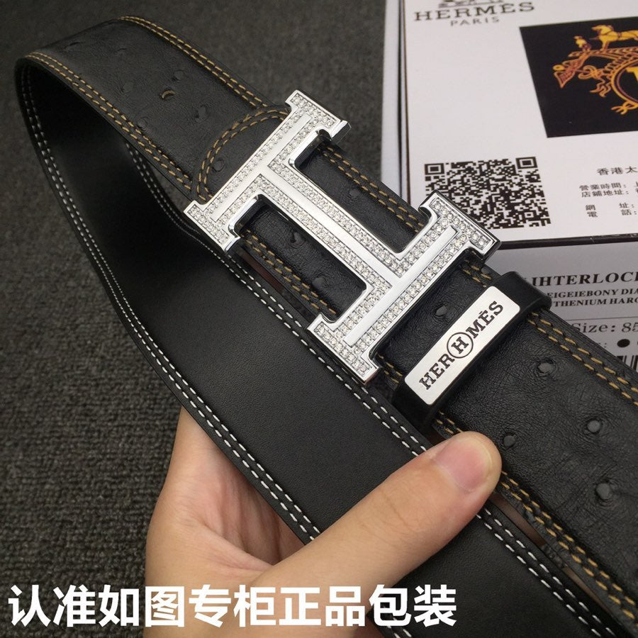 HM Belt 38mm Black Cowhide Leather Sliver Diamond Buckle 619512