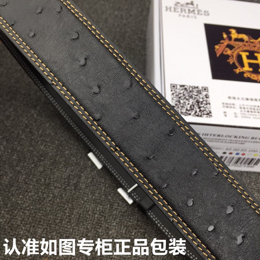 HM Belt 38mm Black Cowhide Leather Sliver Diamond Buckle 619512