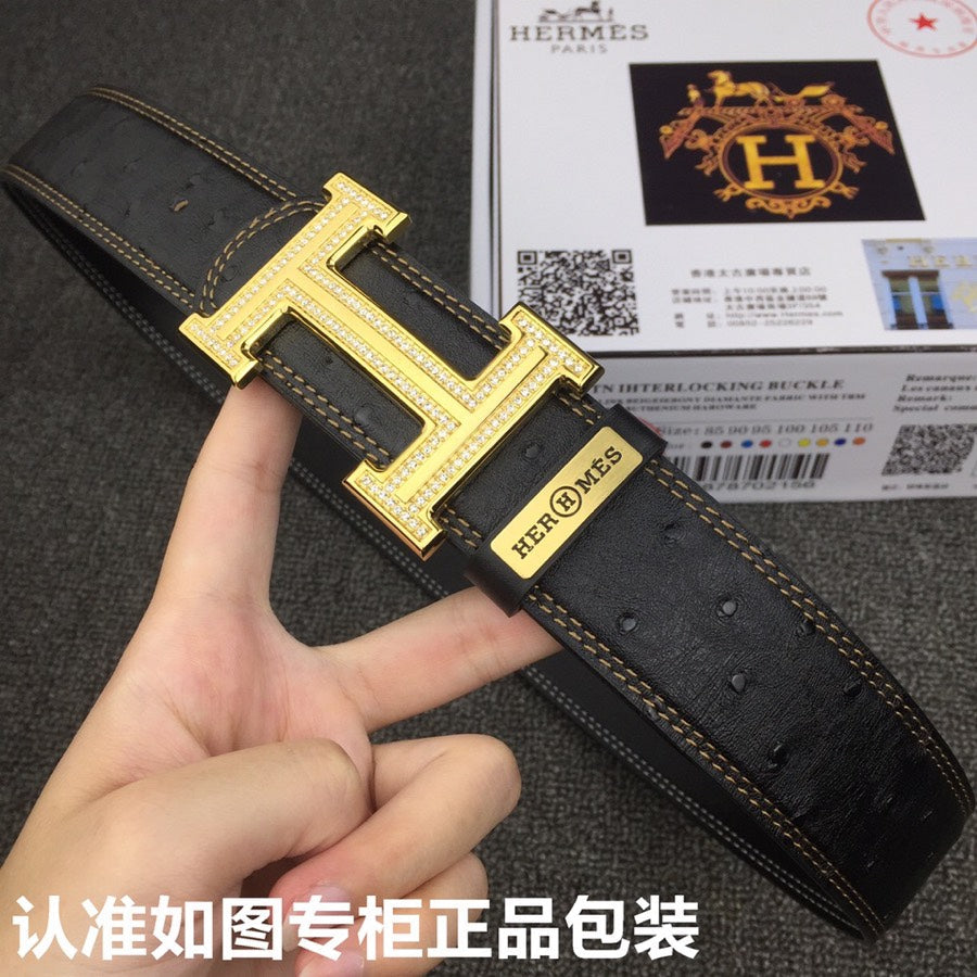 HM Belt 38mm Black Cowhide Leather Gold Diamond Buckle 619513