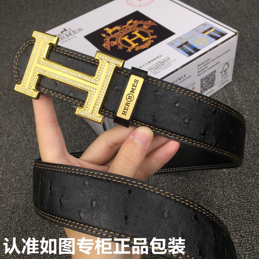 HM Belt 38mm Black Cowhide Leather Gold Diamond Buckle 619513