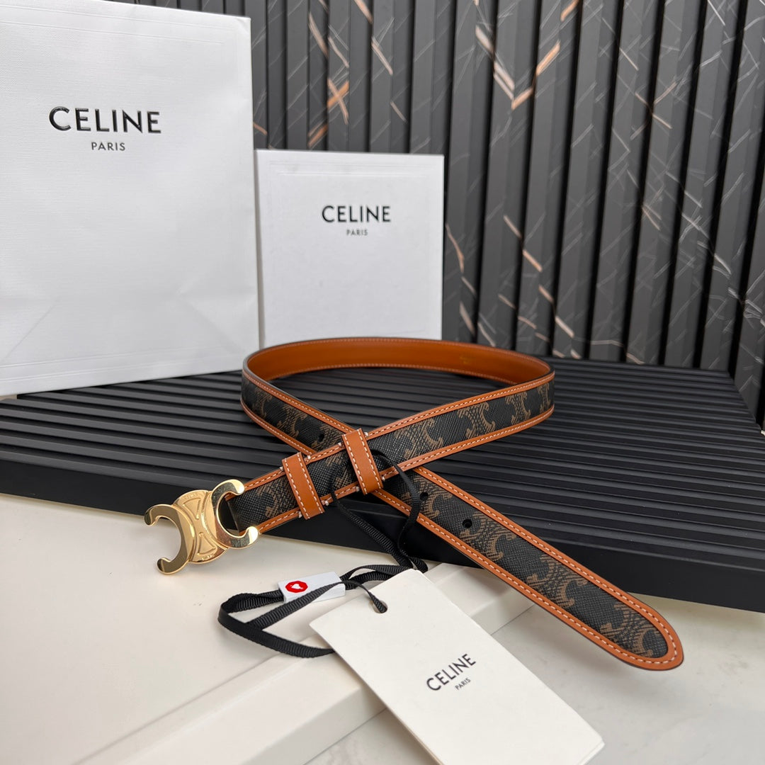 CEL 25mm Triomphe Belt in Taurillon Brown Black Canvas 176291