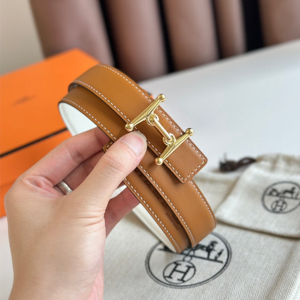 HM Gold Mors H buckle & Reversible 24 mm belt Brown White leather 125364