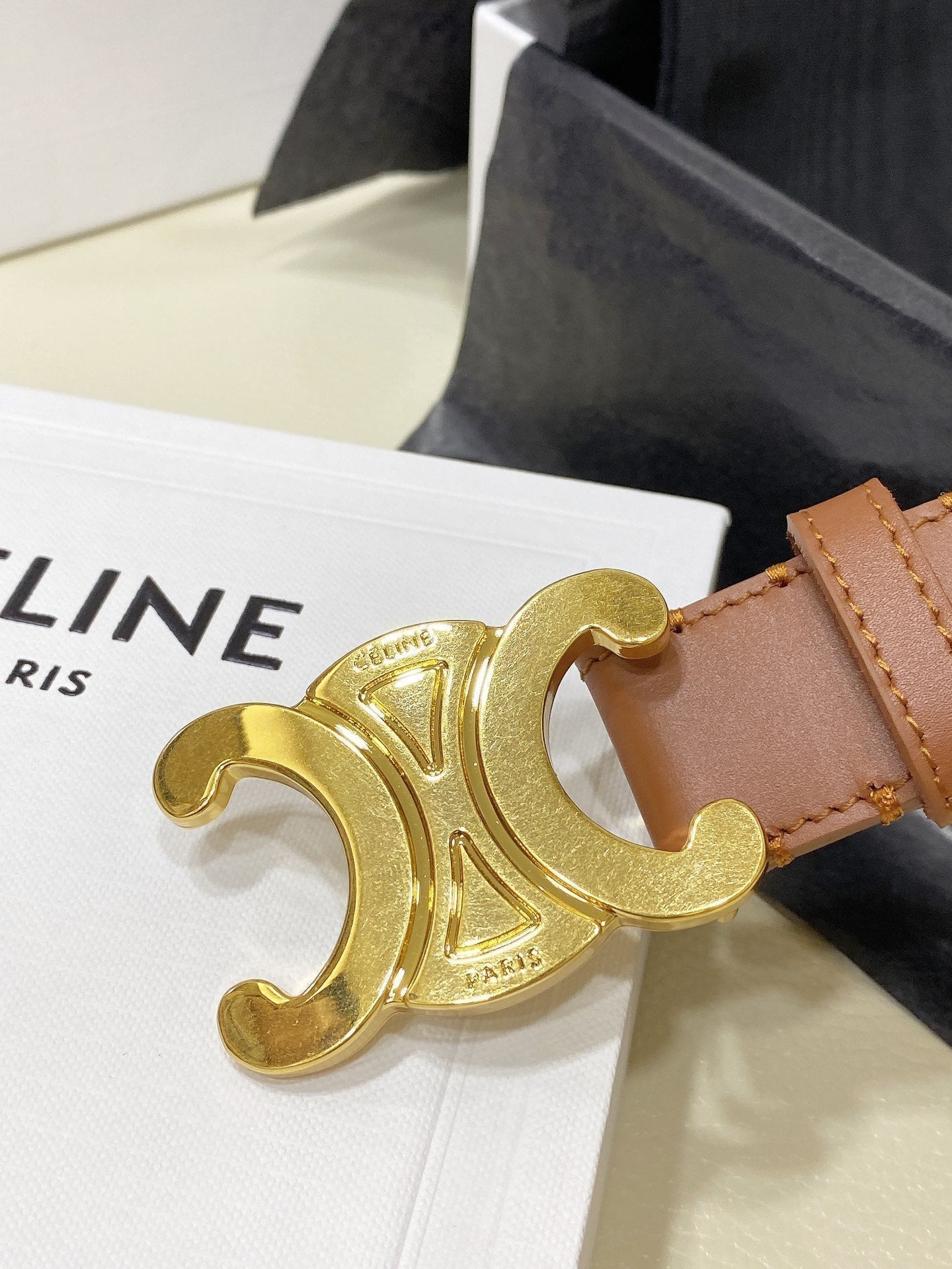 CEL Gold Buckle Belt 30mm Brown Calfskin 176406