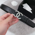 CC WOMEN'S BELT 30MM LEATHER BLACK BUCKLE SILVER CONVEX