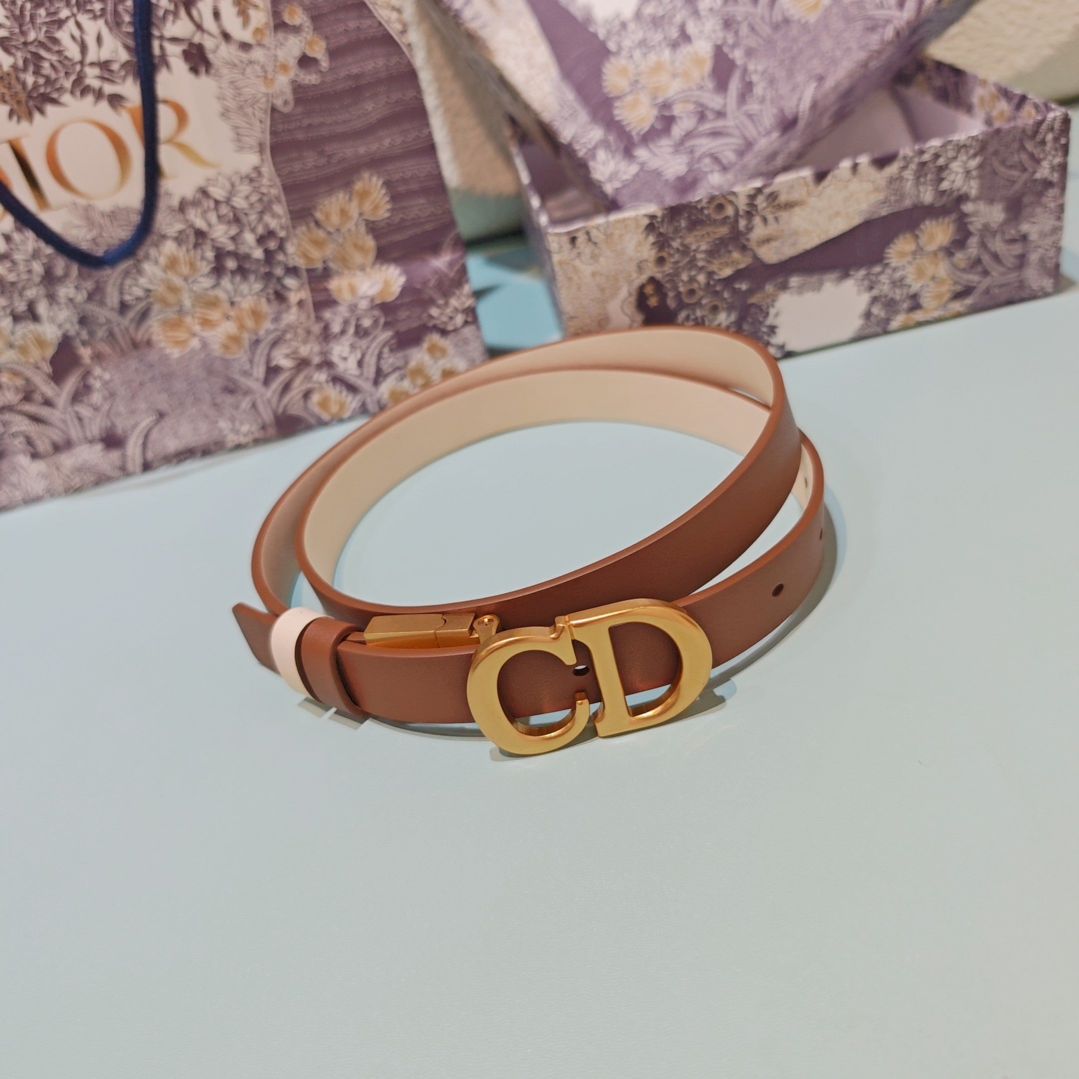 CD Montaigne Reversible 2cm Belt Buckle Brown Leather 212472
