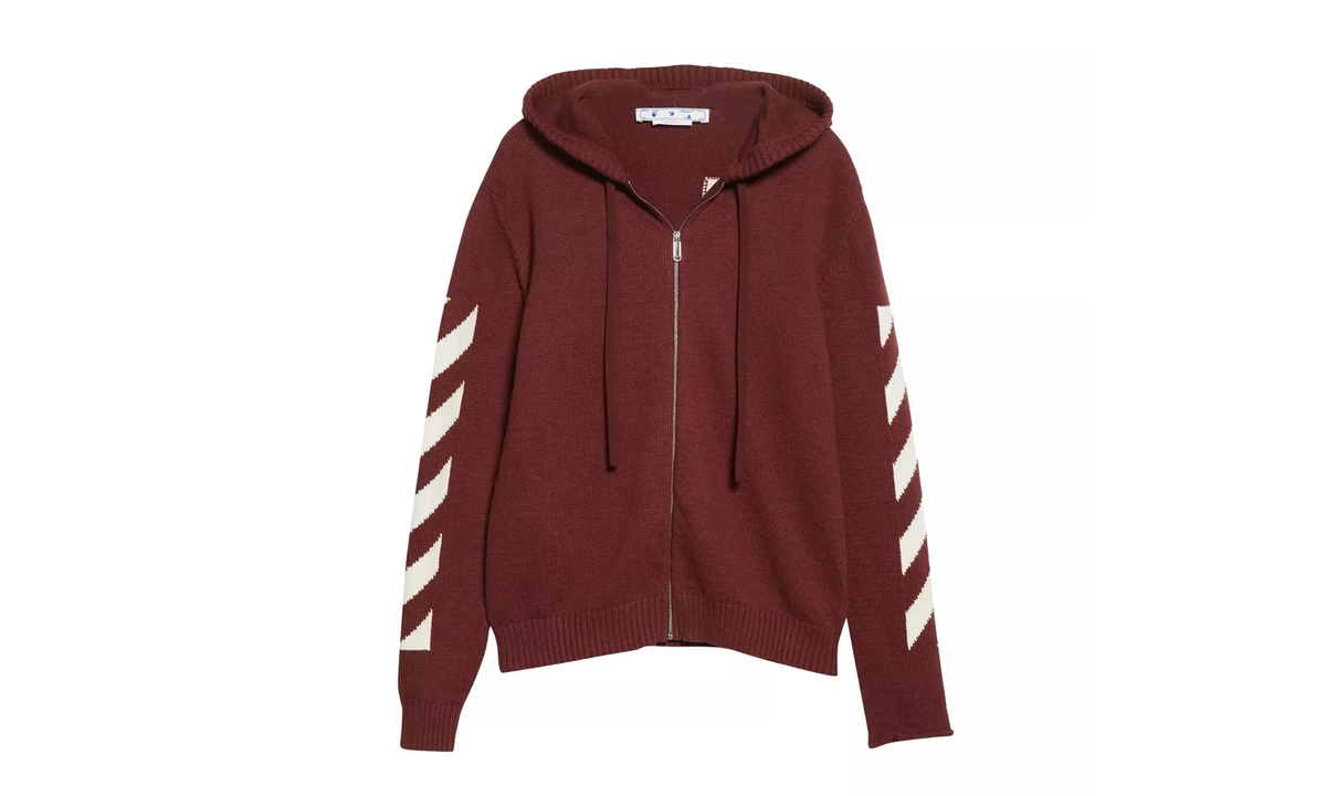 Diagonal Arrow Knit Zip Hoodie "Burgundy/White" OMHA080F22KNI0012801