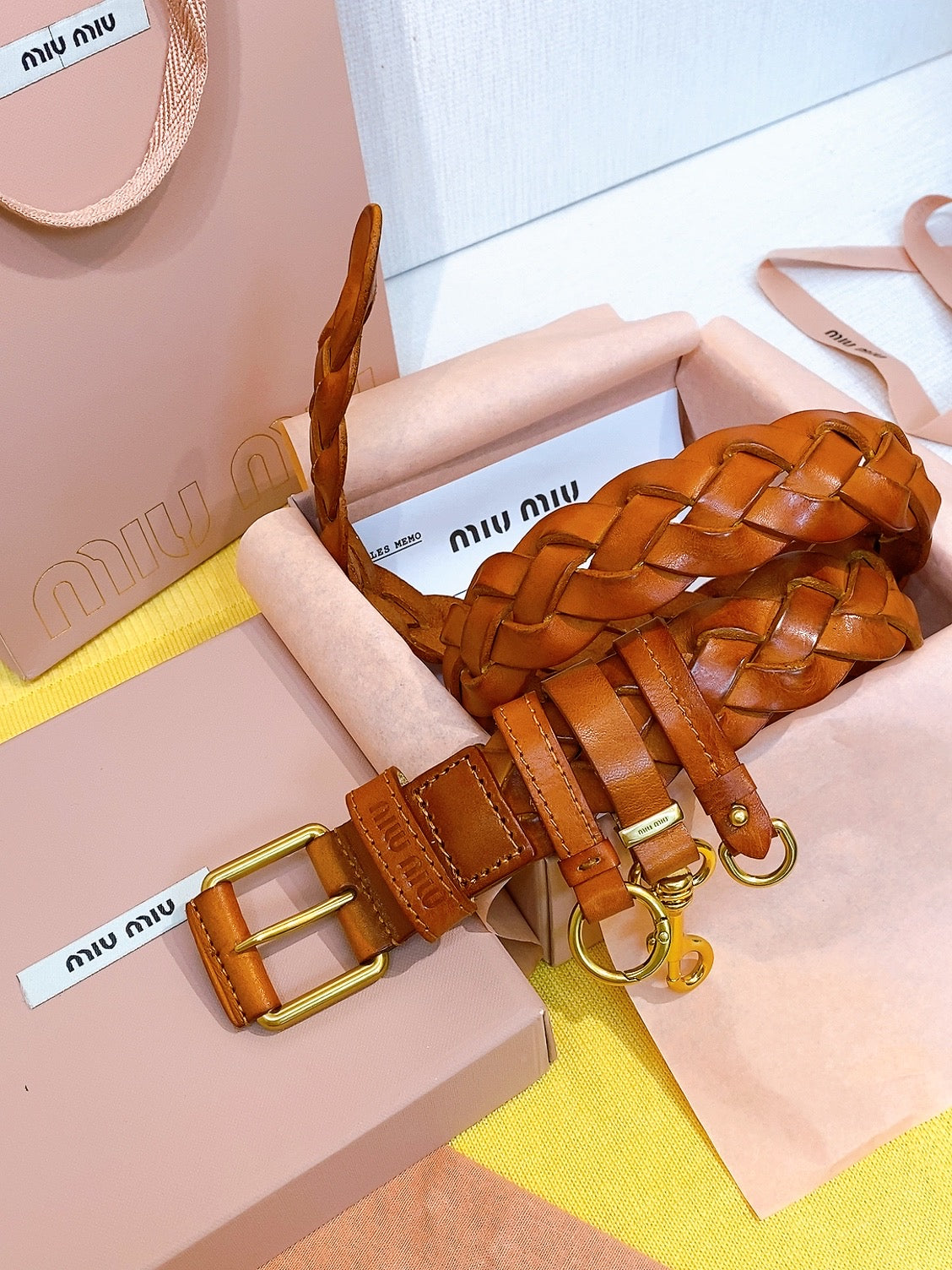 Miu 26s Tan Brown Woven Belt 211533