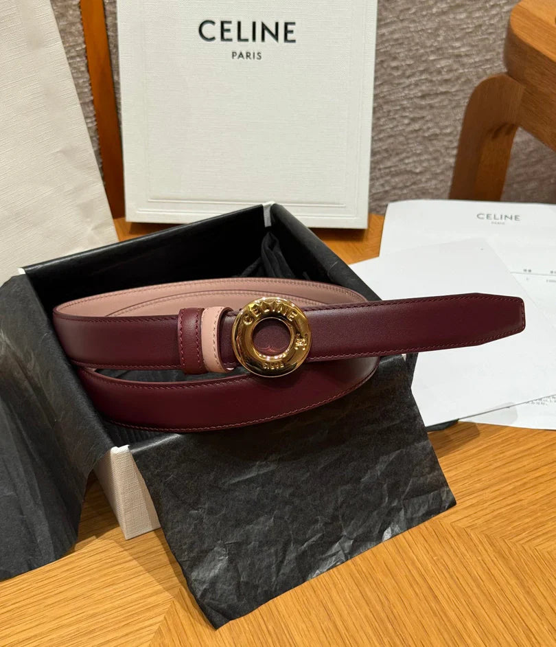 CL 2026 Disc Buckle & Reversible Strap Belt 2.5cm Burgundy Leather