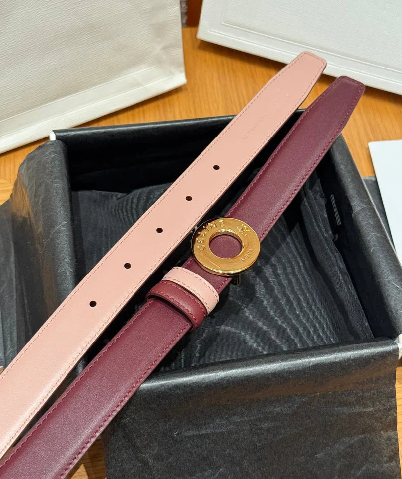 CL 2026 Disc Buckle & Reversible Strap Belt 2.5cm Burgundy Leather