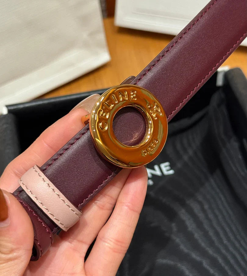 CL 2026 Disc Buckle & Reversible Strap Belt 2.5cm Burgundy Leather