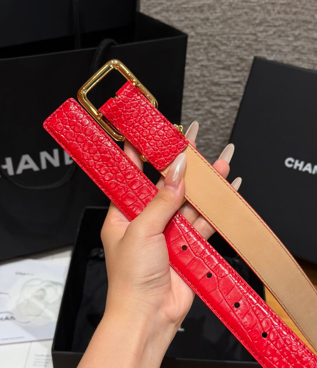 CC 3.0cm 2026 Métiers d'art Belt Red Crocodile Embossed Calfskin 209292