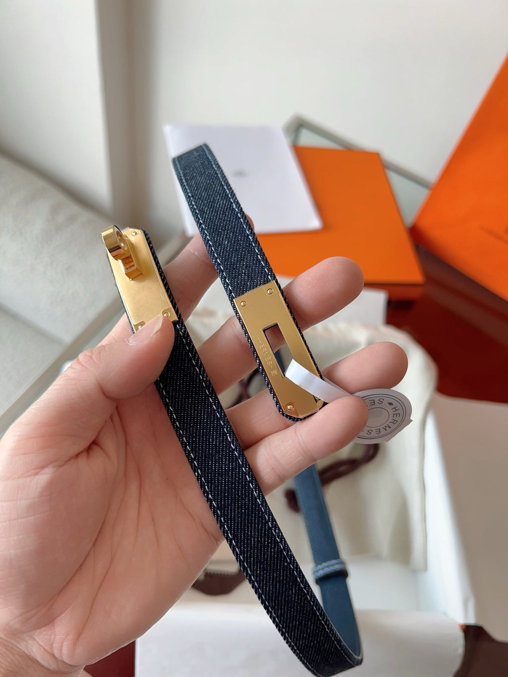 HM Kelly Belt 18mm Dark Blue Canvas Epsom Leather