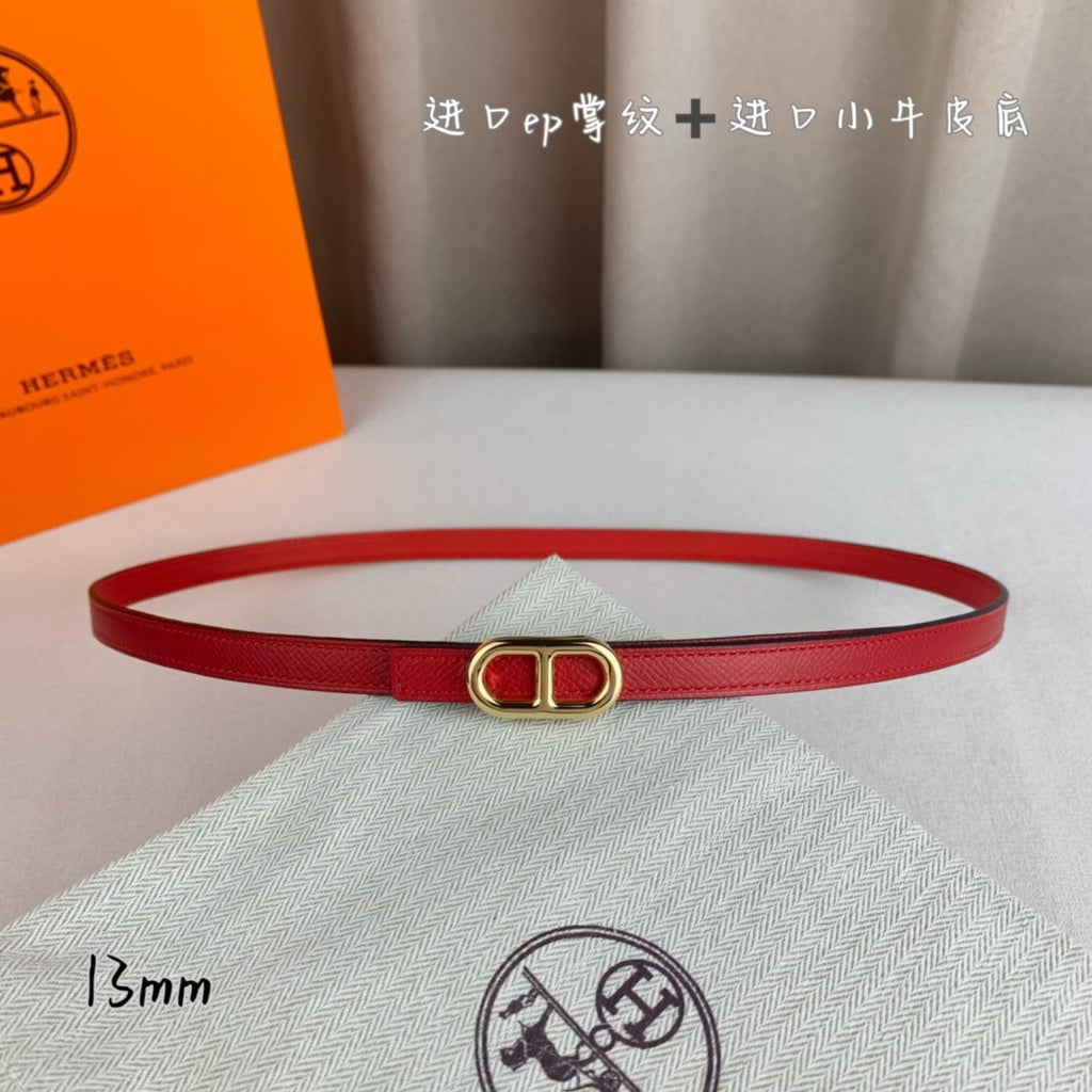HM MAILLON H BELT BUCKLE & REVERSIBLE CHERRY RED LEATHER STRAP 13 MM GOLD HARDWARE