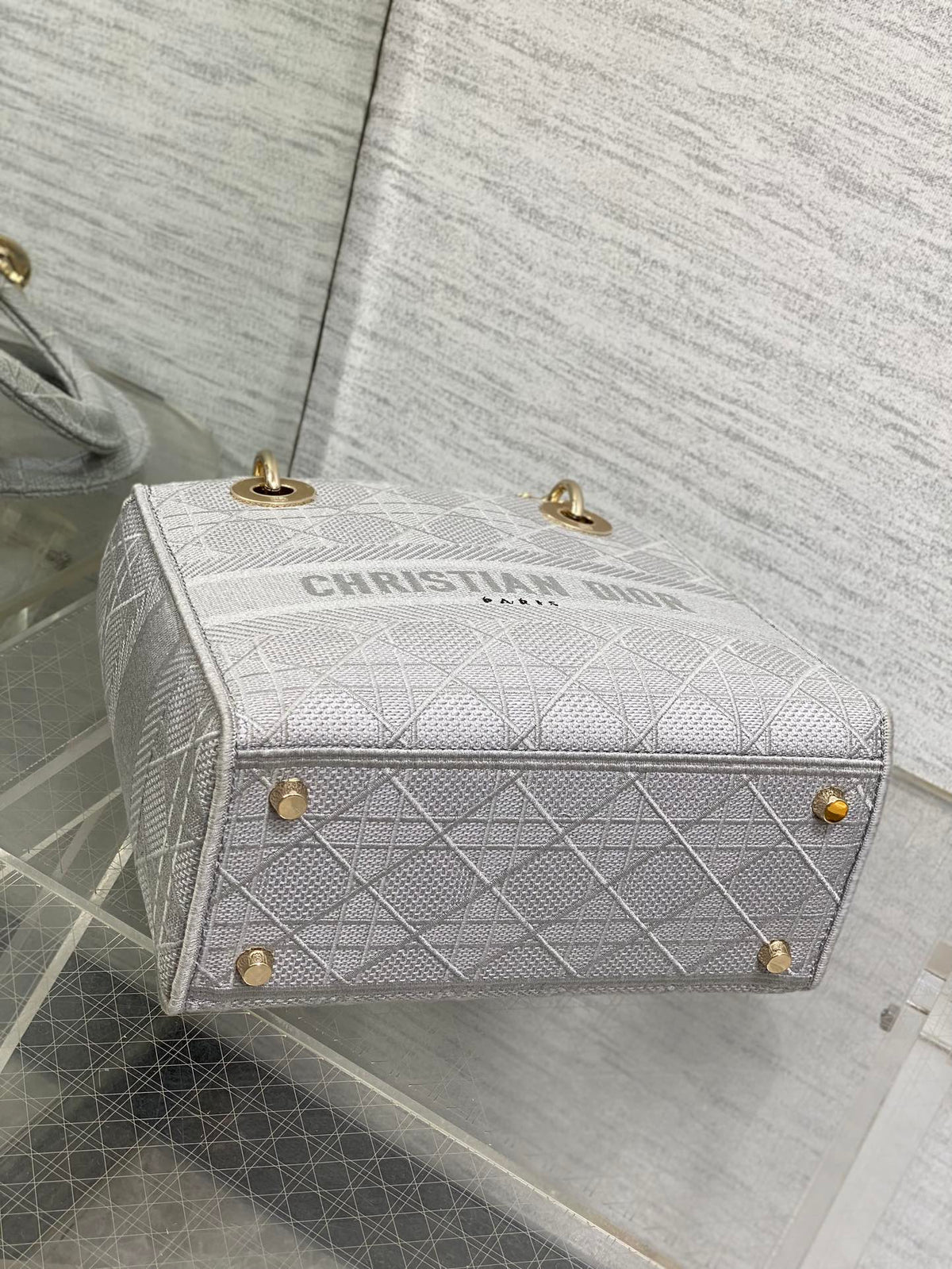 DIOR SMALL 24 LADY BAG IN PALE GRAY CANVAS