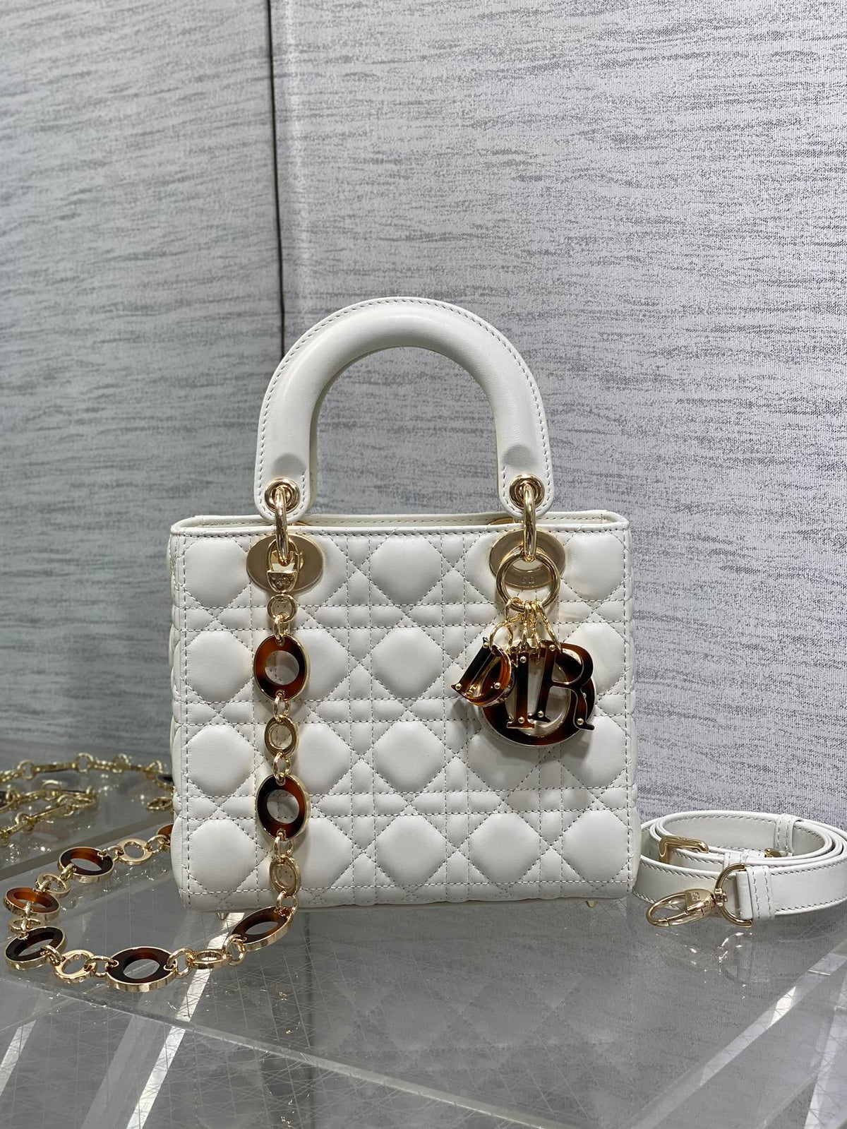 DIOR SMALL 20 LADY BAG IN WHITE MACROCANNAGE LAMBSKIN WITH GOLD HARDWARE
