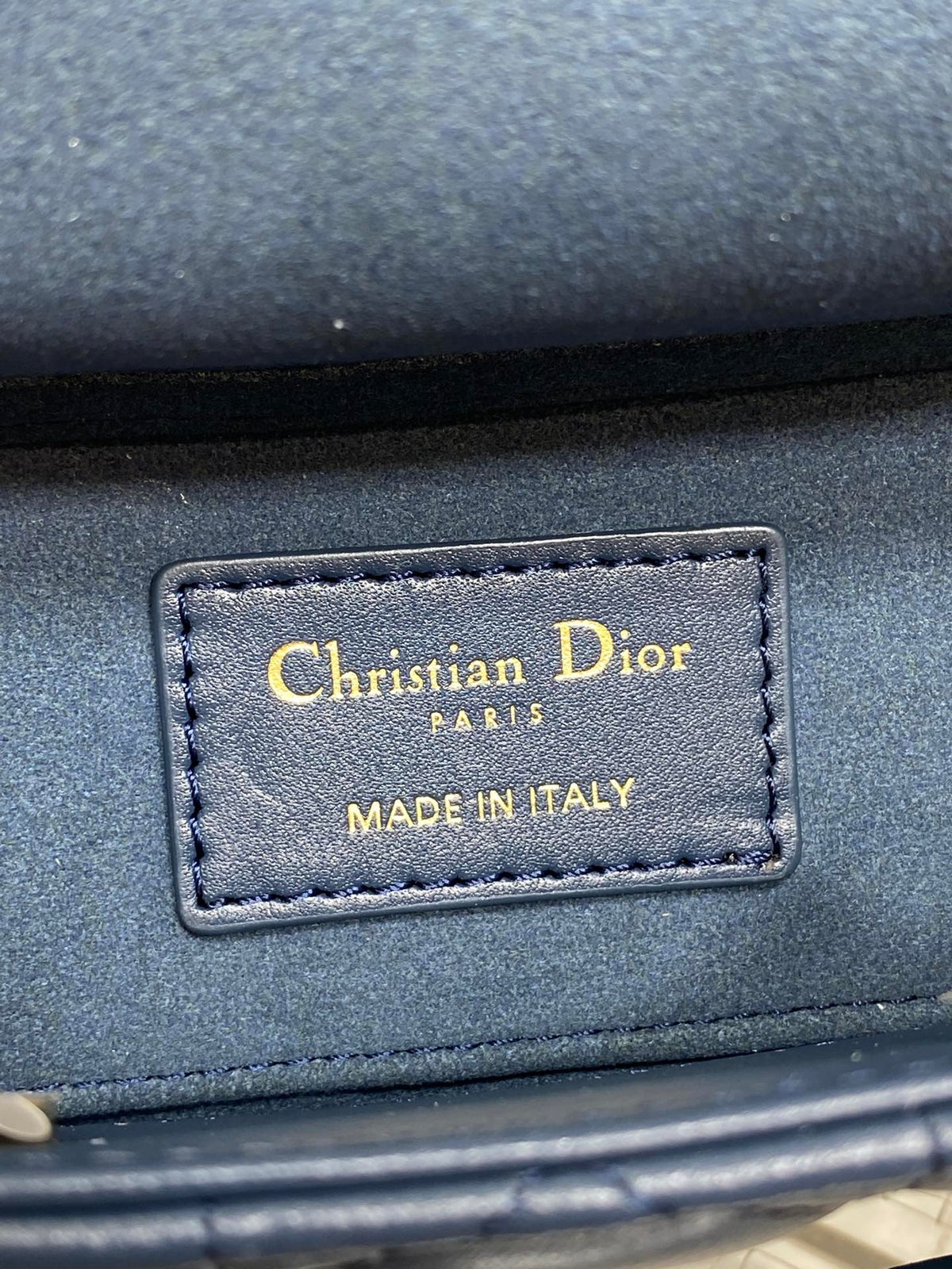DIOR 25S SMALL LADY D‑JOY BAG 19 IN DARK BLUE CANNAGE CALFSKIN GOLD HARDWARE