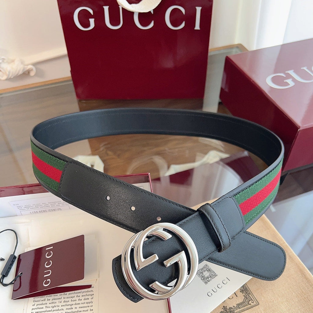 Gucci Supreme Belt Sliver Buckle 40mm Black Leather With Green Red Canvas