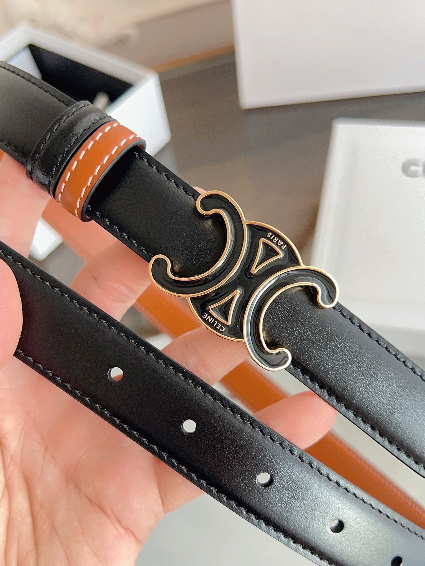 CL Black 25mm Triomphe Enamel Black Orange Cowhide 615281