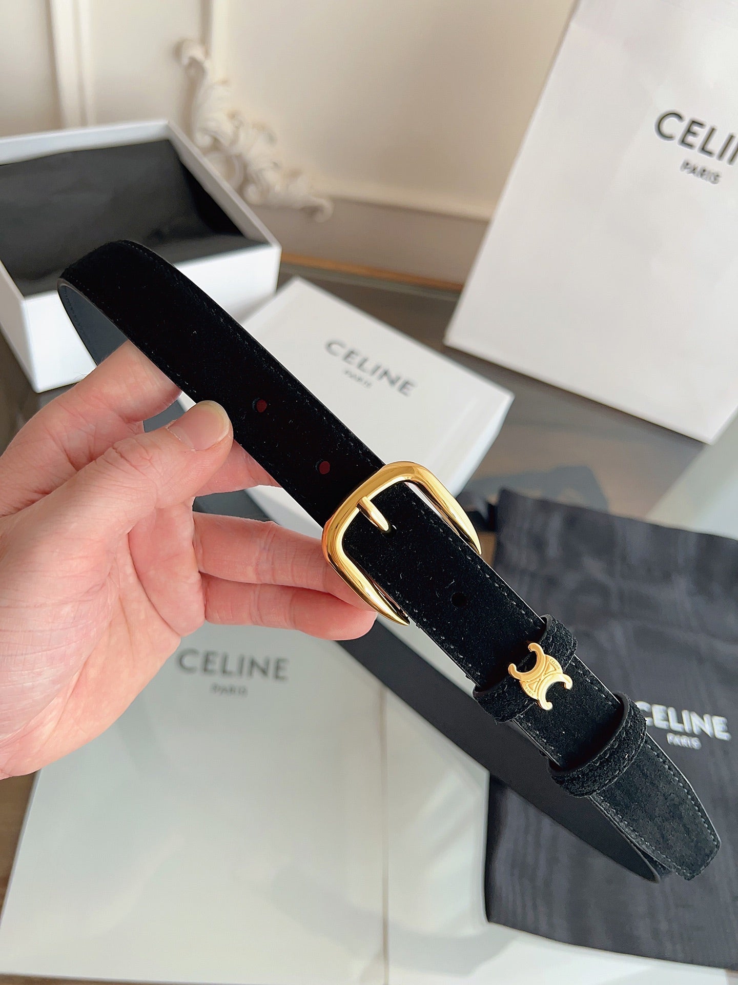 CL Gold 25mm Triomphe Metal Ring Black Suede 616255