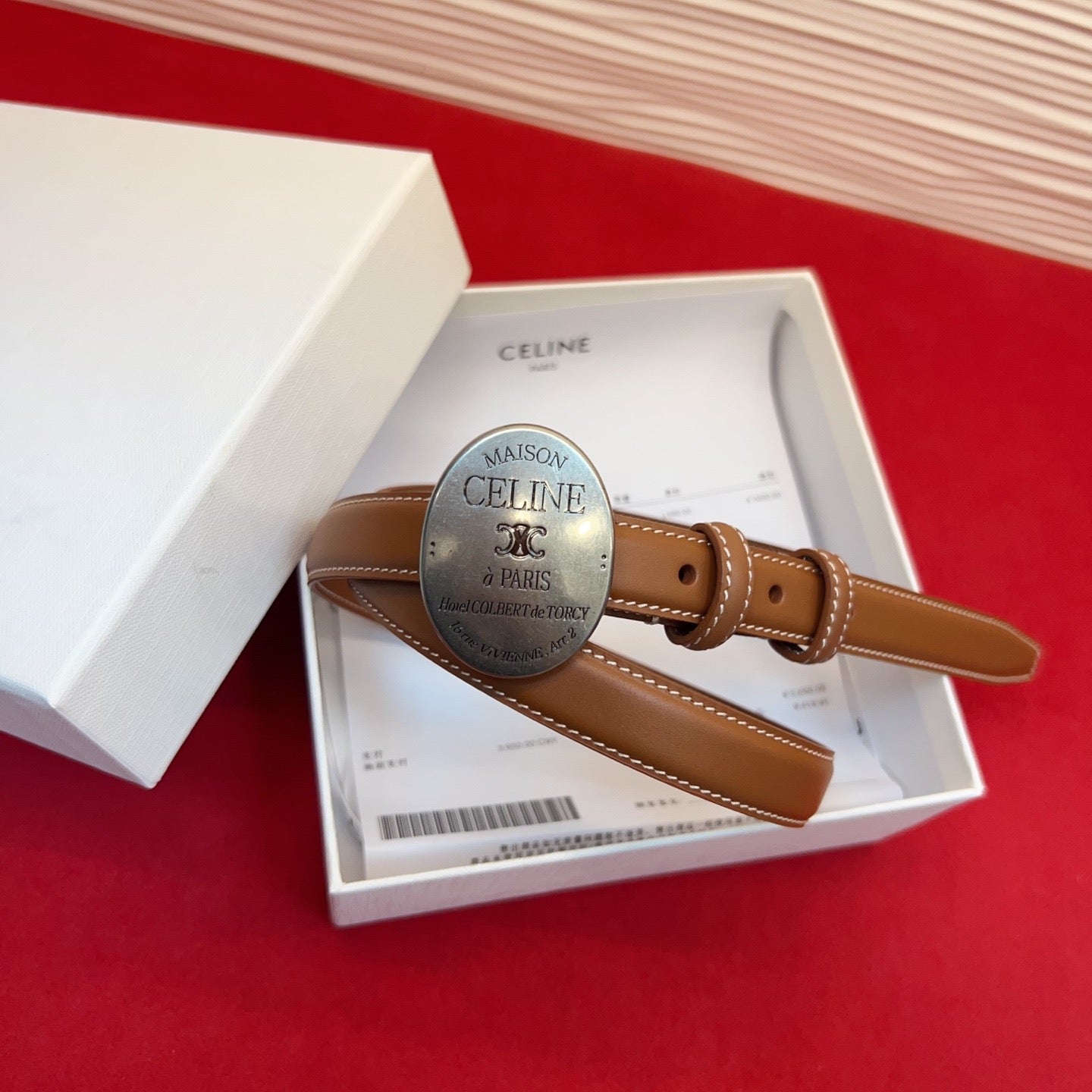 Celine Teen Maison Belt 2.5cm Brown Sliver Calfskin 201439