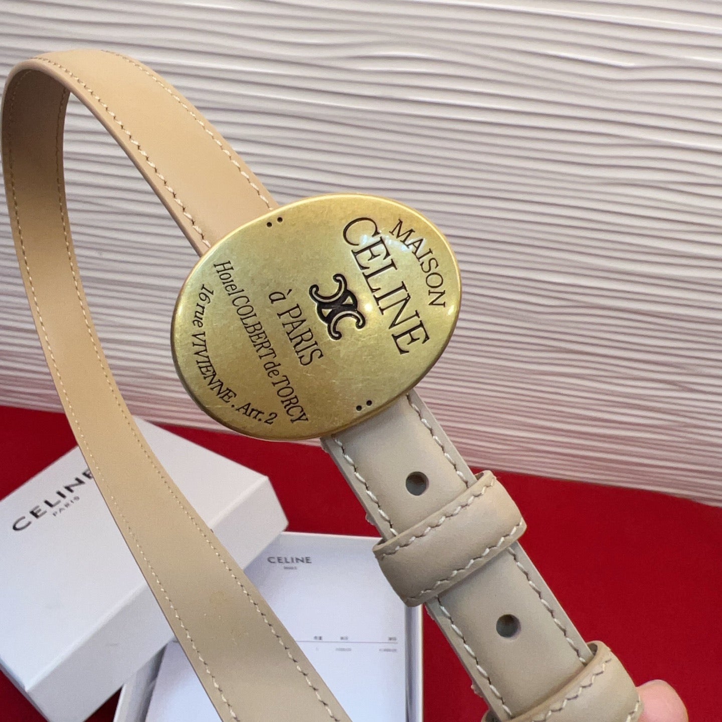 Celine Teen Maison Belt 2.5cm Beige Gold Calfskin 201442