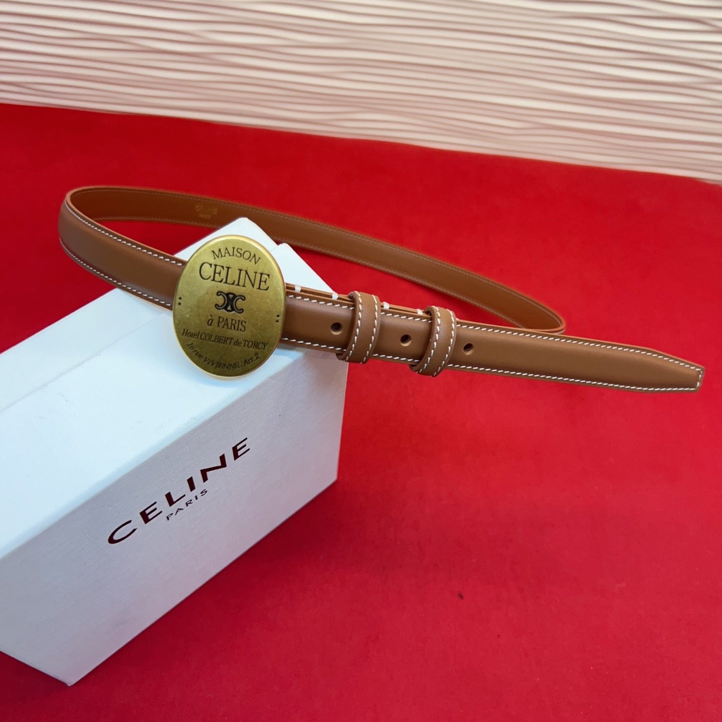 Celine Teen Maison Belt 2.5cm Brown Gold Calfskin 201445