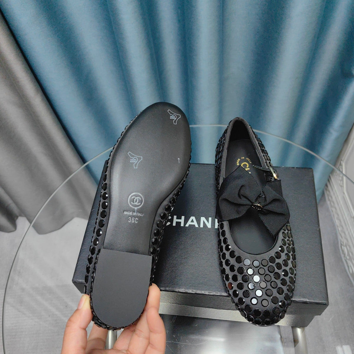 CHANEL MARY JANE BOW RHINESTONE BLACK SILK