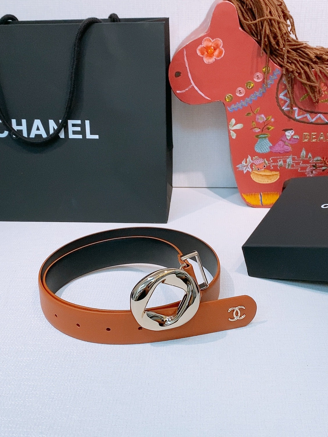 CC Pre 26s Belt 3.0cm Orange Light Gold Calfskin 203376