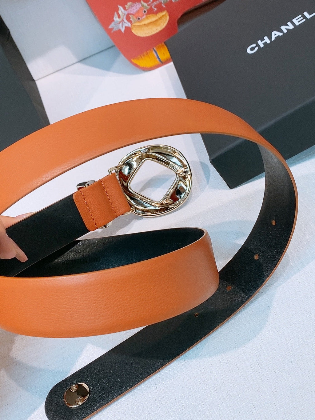 CC Pre 26s Belt 3.0cm Orange Light Gold Calfskin 203376