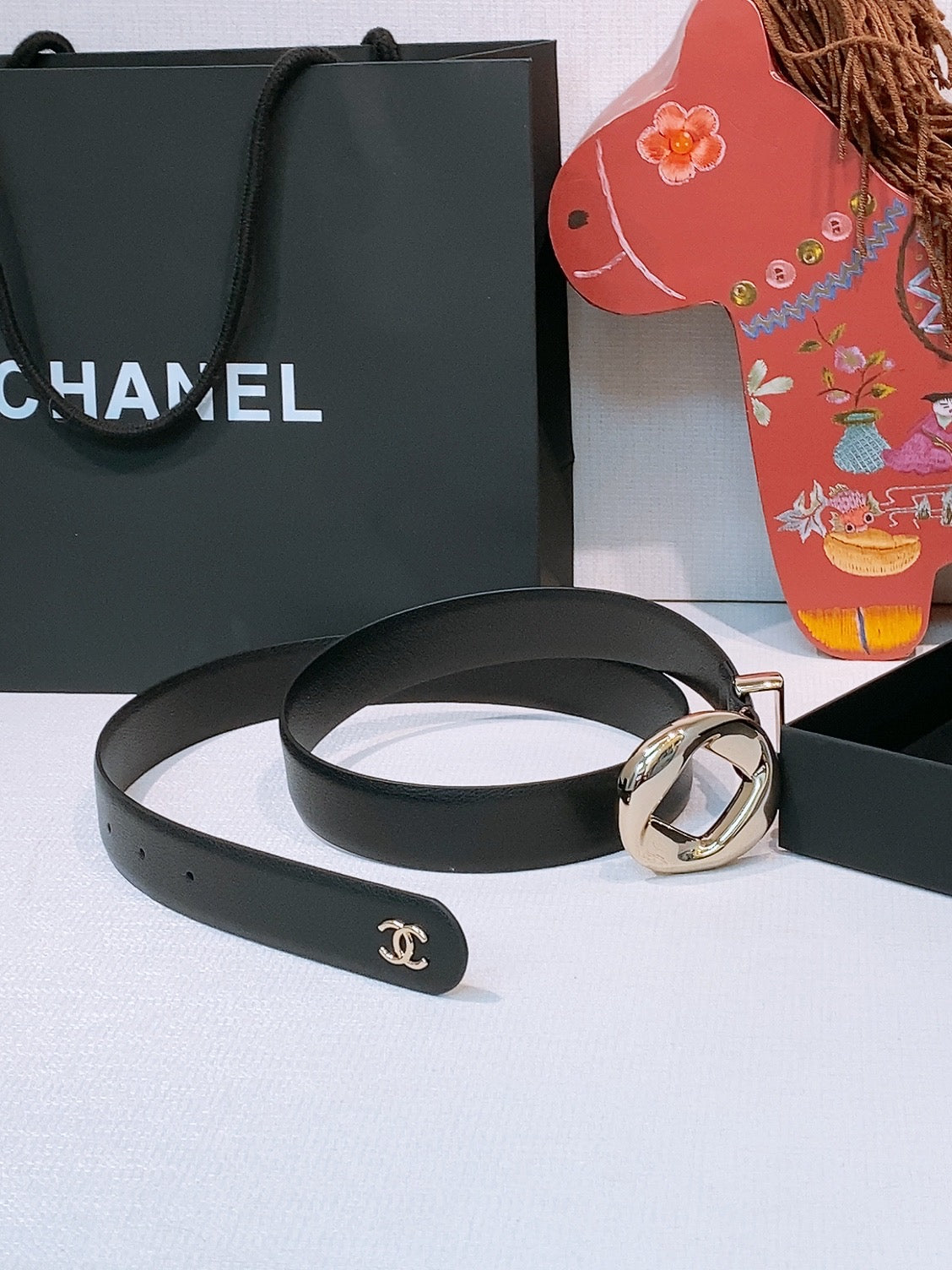CC Pre 26s Belt 3.0cm Black Light Gold Calfskin 203374