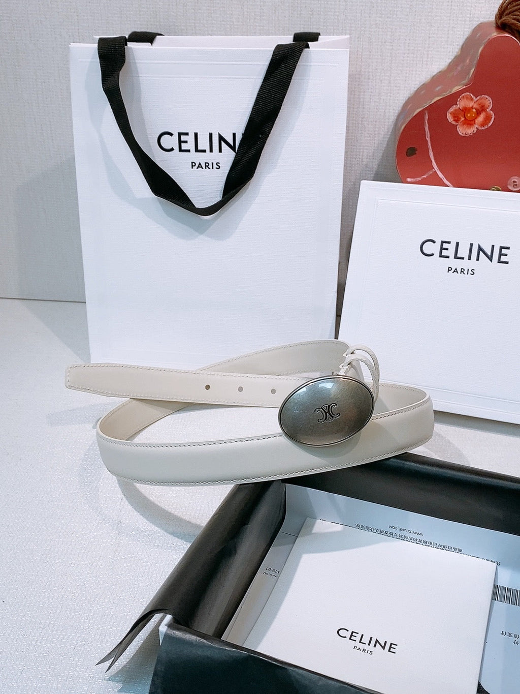 Celine Triomphe Oval Belt 2.5cm White Sliver Calfskin 203770