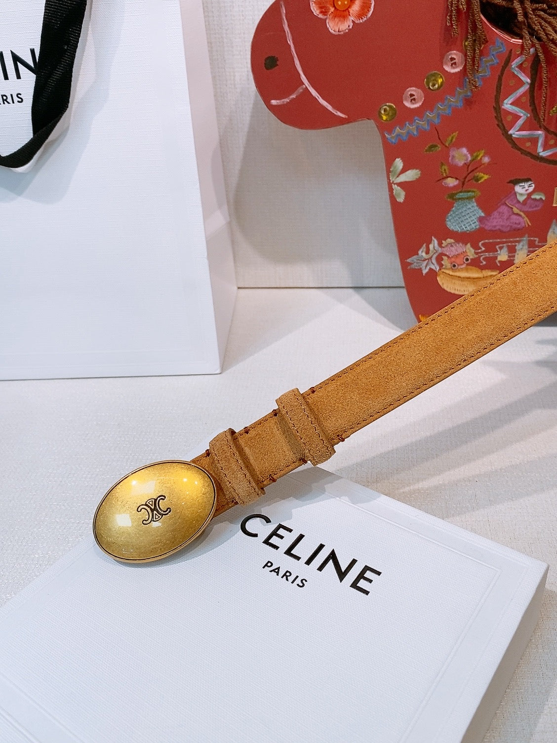 Celine Triomphe Oval Belt 2.5cm Tan Brown Suede 203767