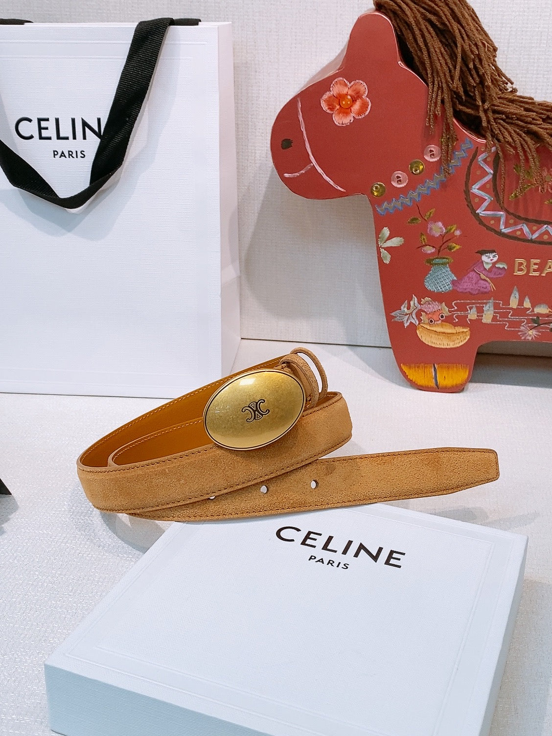 Celine Triomphe Oval Belt 2.5cm Tan Brown Suede 203767