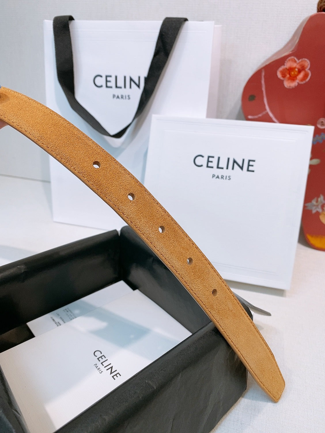 Celine Triomphe Oval Belt 2.5cm Tan Brown Suede 203767