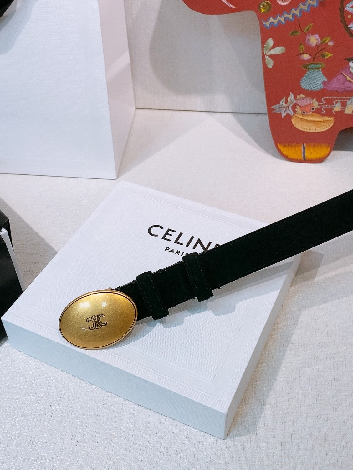 Celine Triomphe Oval Belt 2.5cm Black Gold Calfskin 203766