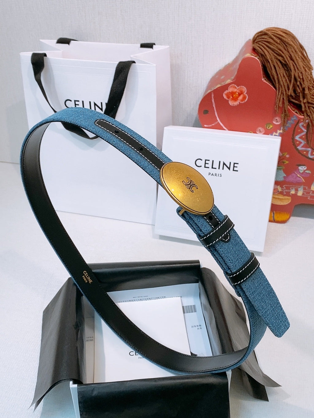 Celine Triomphe Oval Belt 2.5cm Blue Gold Denim 203765