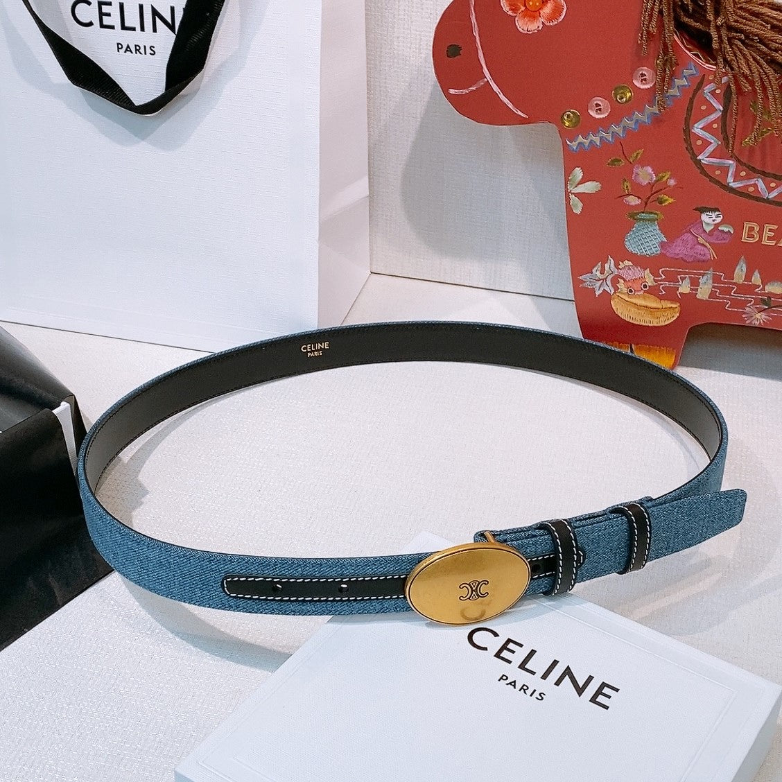 Celine Triomphe Oval Belt 2.5cm Blue Gold Denim 203765