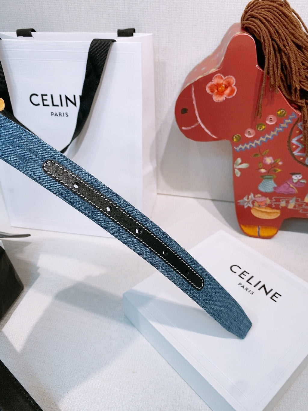 Celine Triomphe Oval Belt 2.5cm Blue Gold Denim 203765
